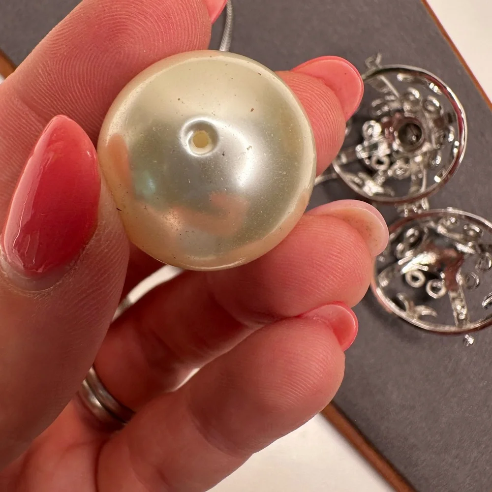 LUCKY Brand Locket Orb Pendant Necklace Silver Tone 34” Long Cage Pearl Ball - Picture 7 of 9